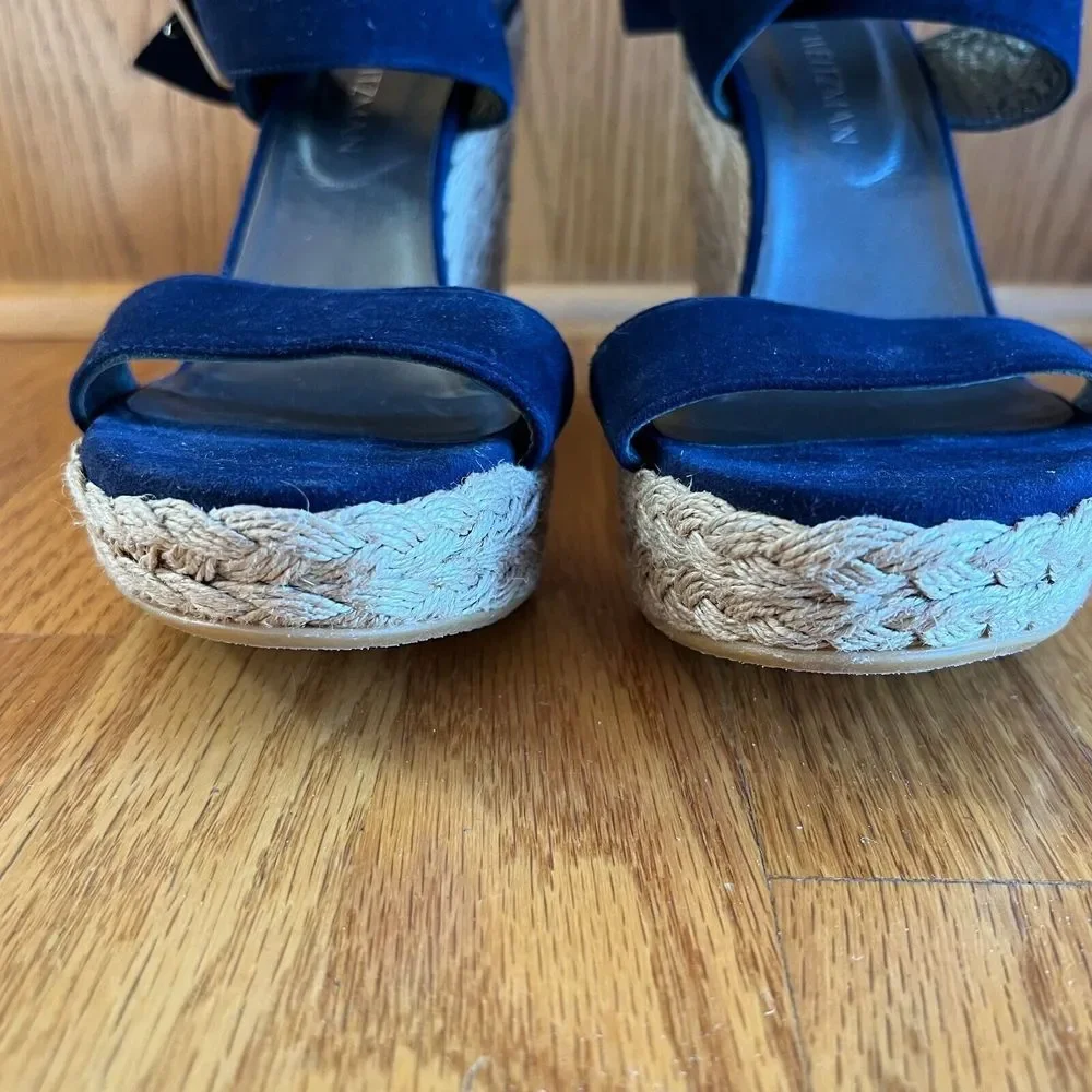 Stuart Weitzman High Chunky Platform Sandal 9.5 M Blue Suede Strappy‎ Wedge Heel